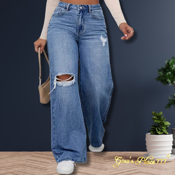 New Womens Y2K High Waisted Ripped Wide Leg Boot Cut Jeans Medium Wash Sz: Large - Picture 10 of 12